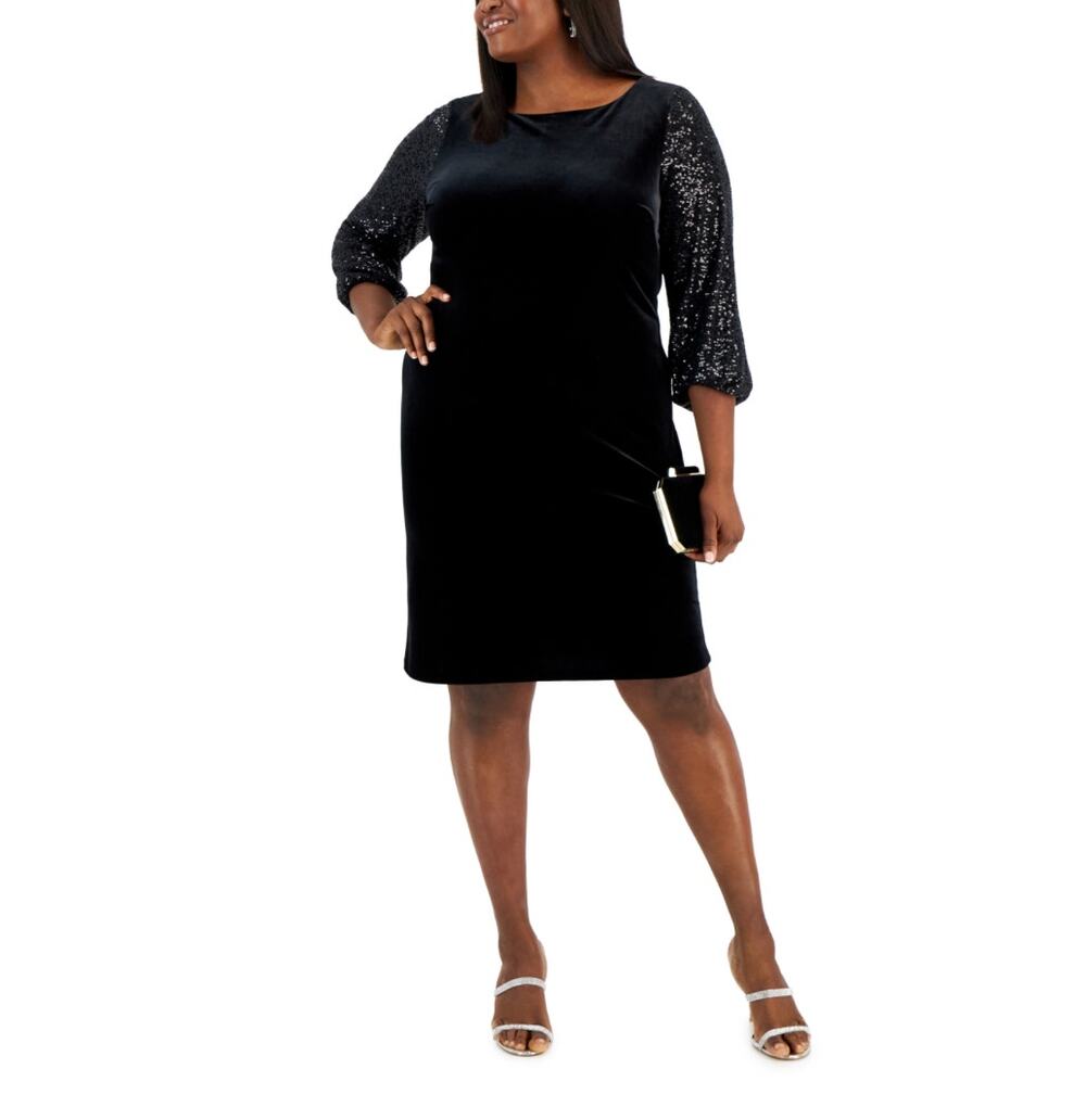 Alex Evenings Black Cocktail Dress Velvet Sequin Long Sleeve Sheath Size 22W